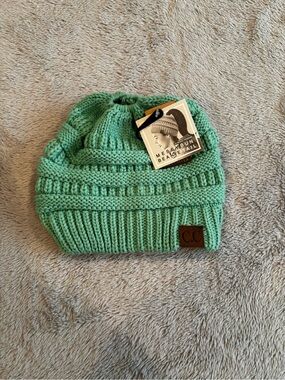 C.C Mint Green Knit Beanie with Leather Logo